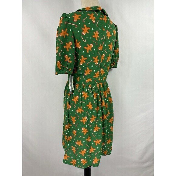 ModCloth Dress Green Brown Gingerbread Print 6 Peter Pan Collar Tags Still On - Picture 6 of 16